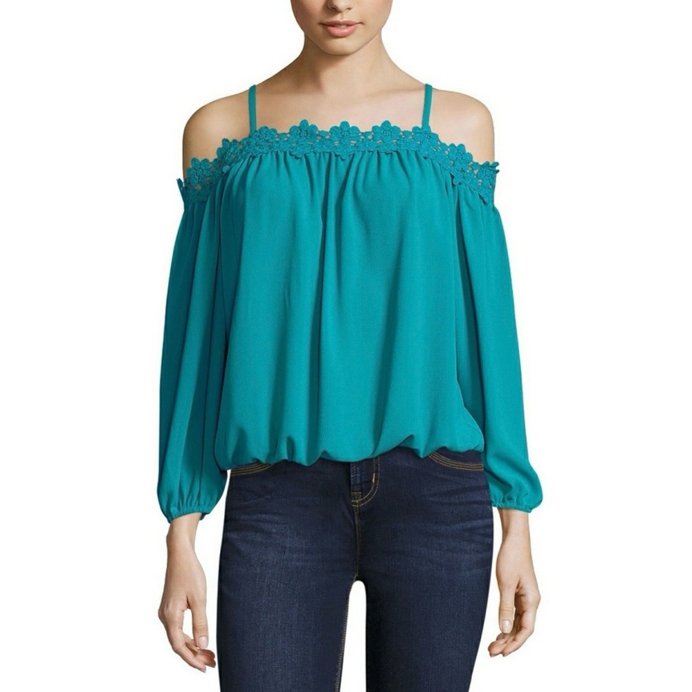 Nicole by Nicole Miller Top Aqua Cold Shoulder Lace Blouson Balloon Sleeve L